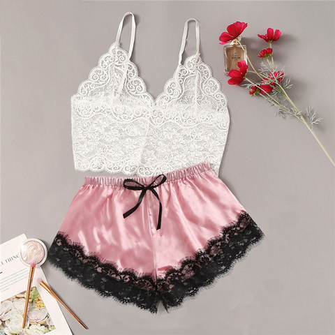 Women Satin Look Lace Trim V Neck Camisole Tank Top Shorts Pajamas Set  Nightwear Sleepwear Pjs