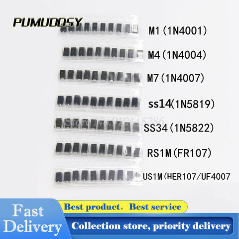 70pcs/lot= 7 kinds*10pcs SMD diode package / M1 (1N4001) / M4 (1N4004) / M7 (1N4007)/ SS14 US1M RS1M SS34 Kit ► Photo 1/1