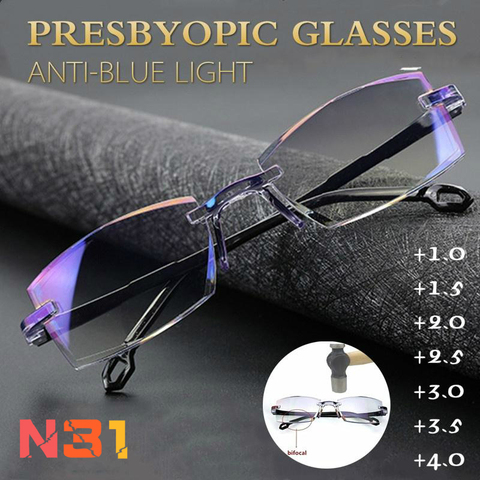 New Men Women Rimless Reading Glasses Anti Blue Light Bifocal Far Near  Magnification Eyewear Presbyopic Glasses  +150 +200 ► Photo 1/6