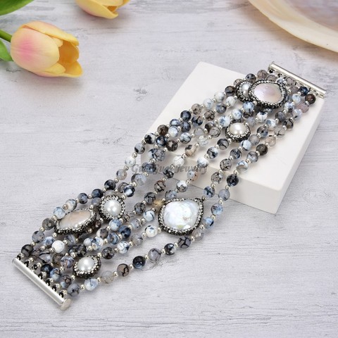 GG Jewelry Natural Pearl 8'' 7 rows White Coin Pearl Round Agate Gems Stone Bracelet Lady Jewelry ► Photo 1/3