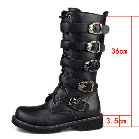 Men's Leather Motorcycle Boots Mid-Calf Military Combat Boots Gothic Belt Skull Punk Boots Men Shoes Tactical Army Boots Warm46 ► Photo 1/6