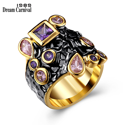 DreamCarnival 1989 Purple Pink CZ Cocktail Ring for Women Gothic Vintage Fashion Jewelry Black Gold Color anillos mujer Anel R07 ► Photo 1/6