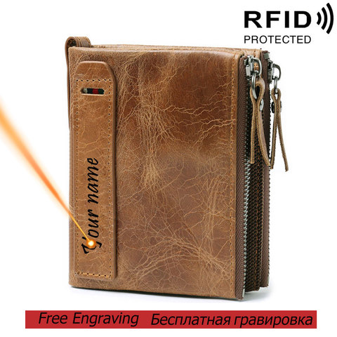 RFID Protected Free Engraving Genuine Leather Men Wallet Card Holders Wallets Double Zippers Coin Wallet Men Leather Short Purse ► Photo 1/6