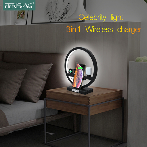 FERISING Stepless Dimming Table Lamp Wireless charger for Apple iWatch Watch/Airpods/Phone Celebrity selfie anchor light holder ► Photo 1/6