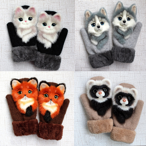 Funny Cute Cat Cartoon Winter Warm Children's Gloves Plus Velvet Thickened Girls Adults Gloves Christmas Gifts Kids Knit Mittens ► Photo 1/6