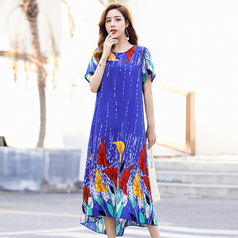 2022 Summer Dress Long Vintage Loose Women Plus Size Elegant Sundress Short Sleeve Dress Casual O-neck Dresses Print Viscose ► Photo 1/6