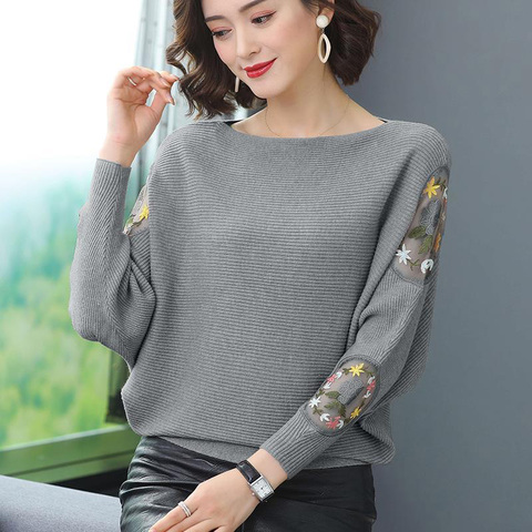 Flower Embroidery Batwing Sleeve O-Neck Spring Sweaters Women Casual Loose Knitted Pullovers  Large Size Knitwear Tops Female ► Photo 1/6