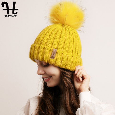 Buy Online Furtalk Winter Beanie Hat Women Knitted Faux Fur Pompom Hat Velvet Winter Hats For Ladies Soft Yellow Red Korean Caps For Female Alitools