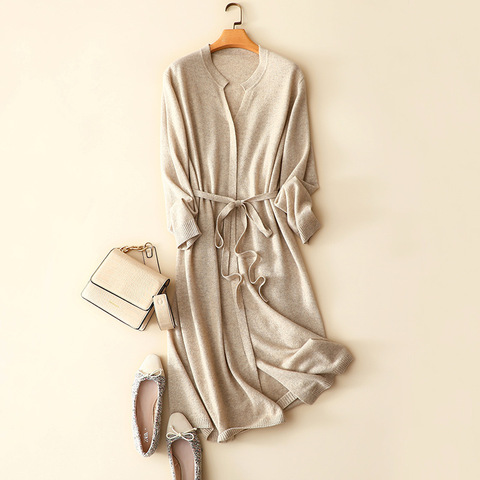 2022 new france designs 100% cashmere knitted dress women elegant fashion pullovers oversized dresses long sleeve sweater belt ► Photo 1/6