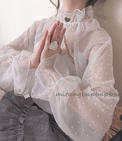 Japanese wave point gentle sweet lolita shirt transparent lace kawaii girl daily victorian shirt gothic lolita top loli cosplay ► Photo 1/6