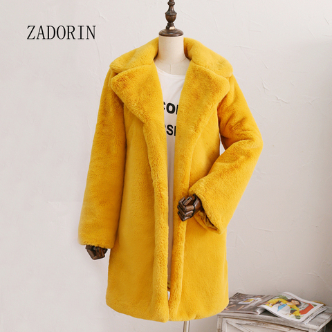 ZADORIN 2022 Long Sleeve Lapel Furry Faux Rabbit Fur Coat Winter Thick Warm Pink Black Fur Coats Female Plush Jacket Plus Size ► Photo 1/6
