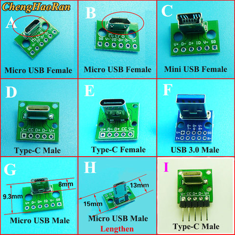 1PCS Data Charging Cable Jack Test Board with Pin Header 90 Degree Micro Mini USB Type C 2Pin USB 3.0 2.0 Female Male connector ► Photo 1/6