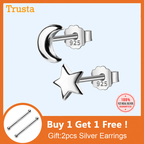 Trusta 100% 925 Sterling Silver 2017 Women Jewelry Fashion Cute Tiny Asymmetric Moon Star Stud Earrings For Daughter Girls DS127 ► Photo 1/6