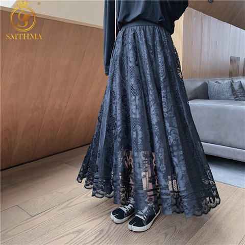 SMTHMA Elastic High Waist Lace Skirts Womens Spring Autumn 2022 New Korean Elegant Casual A-Line Black Long Mujer Faldas Female ► Photo 1/6