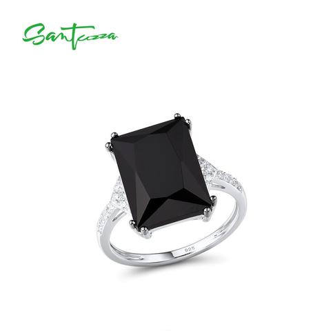 SANTUZZA Silver Rings For Women Genuine 925 Sterling Silver Concise Baguette-cut Black Glass Cubic Zirconia Trendy Party Jewelry ► Photo 1/6