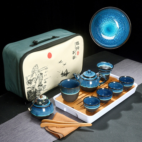 Chinese Tea Set Blue Amber Glaze Ceramic Jingdezhen temmoku glaze Exquisite Set Kung Fu Tea Cup portable Teapot Gaiwan Tea Cups ► Photo 1/6