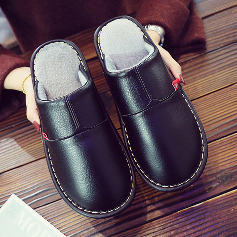 Winter Man Slippers Indoor Waterproof Leather Home Slippers Short plush unisex Cozy Female slippers Man winter shoes Big size 46 ► Photo 1/6