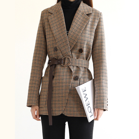 Mozuleva Vintage Houndstooth Women Blazer Sashes Double-breasted Plaid 2022 Female Suit Jacket Long Sleeve Pockets blaser femme ► Photo 1/4