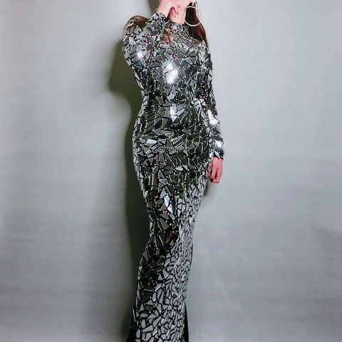 New Design Bling Full Mirrors Rhinestone Long Dress Women Evening Birthday Prom Celebrate Party Tail Dress Black Stage Costume ► Photo 1/6