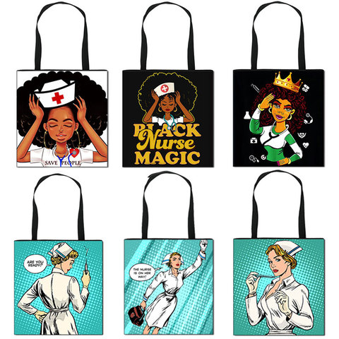 Black Nurse with Crown Women Totes Afro Ladies Fashion Handbag American Africa Girls Canvas Shoulder Bag Cute Shopping Bags ► Photo 1/6