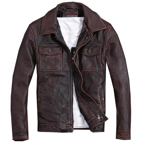 Plus Size 5XL Motorcycle Cowhide Coats For Men Vintage Mens Real Cow Leather Jacket Brown Streetwear Spring Mens Clothing A972 ► Photo 1/6