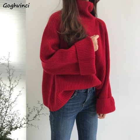 Turtleneck Sweater Thickening Solid Knitted Winter Women Flare Sleeve Harajuku Fashion Leisure Outwear Red Loose Simple Chic Ins ► Photo 1/6