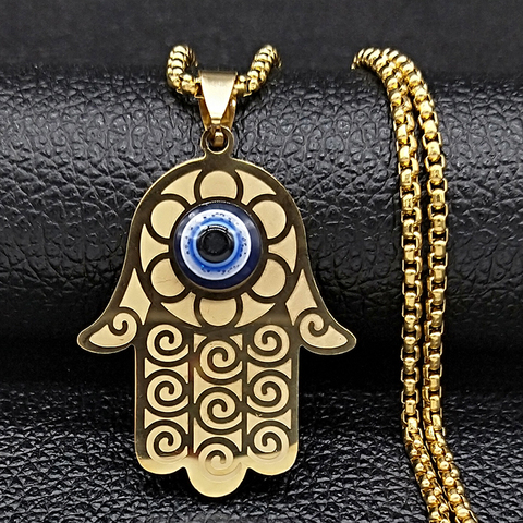 2022 Blue Eyes Hamasa Hand Stainless Steel Statement Necklace Women Gold Color Big Necklace Jewelry collares mujer N1206S02 ► Photo 1/1