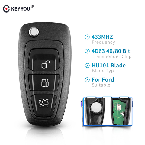 KEYYOU 3 Buttons Fob Modified Flip Folding Remote Car Key 433MHz 4D63 Chip For FORD Focus Fiesta Mondeo With HU101 Blade ASK ► Photo 1/6