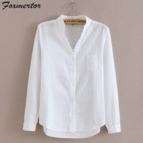 Foxmertor 100% Cotton Shirt White Blouse 2022 Spring Autumn Blouses Shirts Women Long Sleeve Casual Tops Solid Pocket Blusas #66 ► Photo 1/6