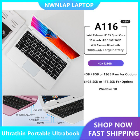 Ultraslim Intel  J4105 CPU 11.6inch 1.5GHz RAM 4G+128G M.2 SSD Quad Core Laptops Computer Windows 10 Notebook ► Photo 1/6