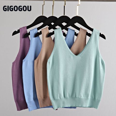 GIGOGOU Sexy V Neck Knitted Crop Top Women's Shirt Plus Size Tank Top Underwear Women Casual Streetwear Clothing For Women Tank ► Photo 1/6