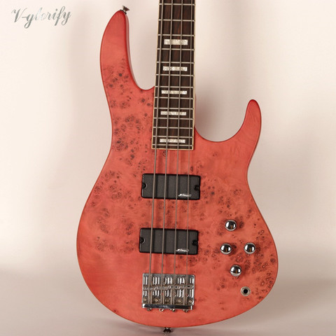 red active 4 string tree burl top electric bass guitar solid okoume wood body 43inch matte finish square shell inlay fingerboard ► Photo 1/6