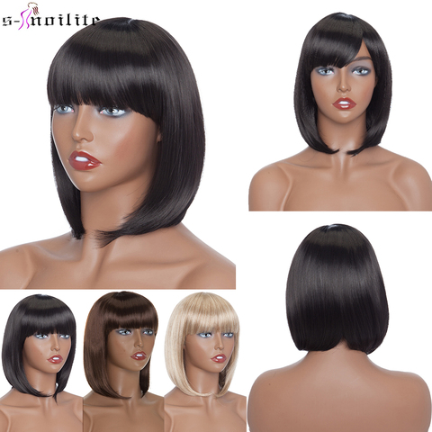 SNOILITE 12inch Straight Short Bob Wig with Bangs Synthetic Heat Resistant Black Brown Ombre Hair Wigs Women Cosplay Wig 11Color ► Photo 1/6