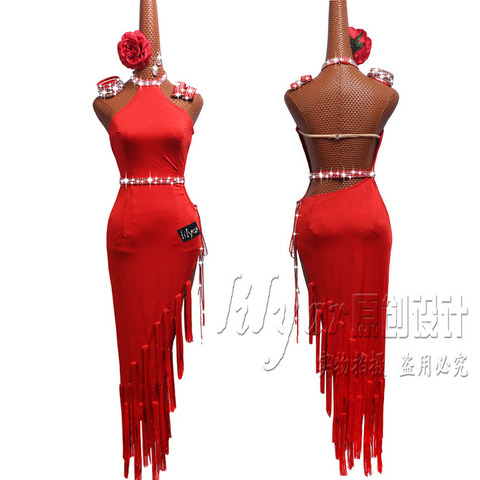 New Latin Dance Dress Competition Dress Costumes Skirt Performing Dress Rhinestones Adult Customize Children Red Fringed Skirt ► Photo 1/6