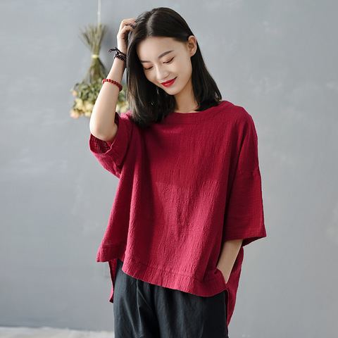 Johnature Women Vintage Cotton Linen T-Shirts Solid Color Irregular 2022 New Summer O-Neck Short Sleeve Irregular Women T-Shirts ► Photo 1/6