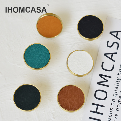 IHOMCASA 12 Colors Copper Brass Leather Knobs Round Black Pull Furniture Locker Kitchen Cabinet Drawer Handles Clothes Hook ► Photo 1/6