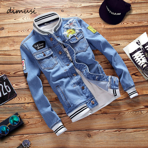 DIMUSI Men's Denim Jackets Fashion Male Trendy Ripped Denim Bomber Coats Mens Casual Windbreaker Cowboy Jeans Jackets Clothing ► Photo 1/6