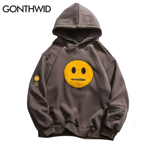 GONTHWID Zipper Pocket Smile Face Patchwork Fleece Hoodies Sweatshirts Streetwear Mens Hip Hop Casual Pullover Hooded Male Tops ► Photo 1/6