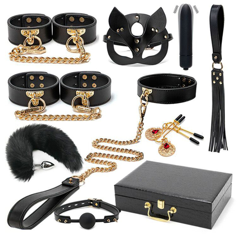 BLACKWOLF BDSM Bondage Kits Genuine Leather Restraint Set Handcuffs Collar Gag Vibrators Sex Toys For Women Couples Adult Games ► Photo 1/6