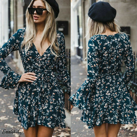 Boho Summer Flower Printed Loose Short Mini Dresses Women Sexy Long Sleeve Ruffles Evening Party V Neck Sundress Beach Dress ► Photo 1/1