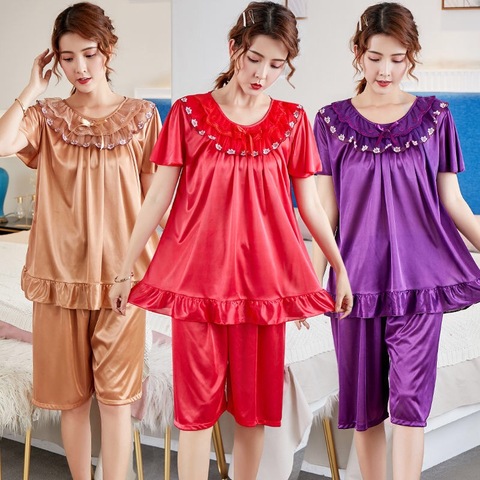 PAJ Plus Size 5XL satin pajamas set women's pajamas with shorts underwear set round neck nightwear for middle age  women 90kg ► Photo 1/6