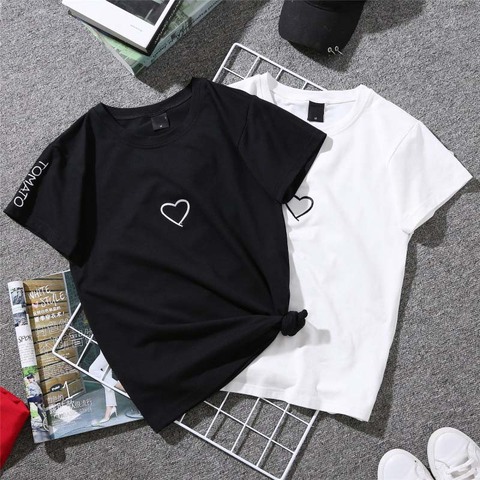 2022 Summer Couples Lovers T-Shirt for Women Casual White Tops Tshirt Women T Shirt Love Heart Embroidery Print T-Shirt Female ► Photo 1/6