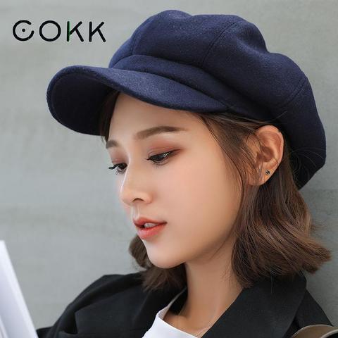 COKK Autumn Winter Hats for Women Solid Plain Octagonal Newsboy Cap Men Ladies Casual Wool Hat Winter Beret Women Painter Cap ► Photo 1/6