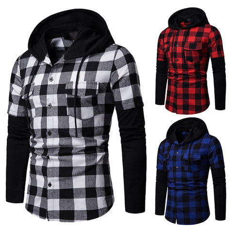 Men's Casual Slim Fit Shirt Fashion Plaid Hooded Dual Pockets Long Sleeve Top Lumberjack Check Shirt Jack Clothes MCL205 ► Photo 1/6