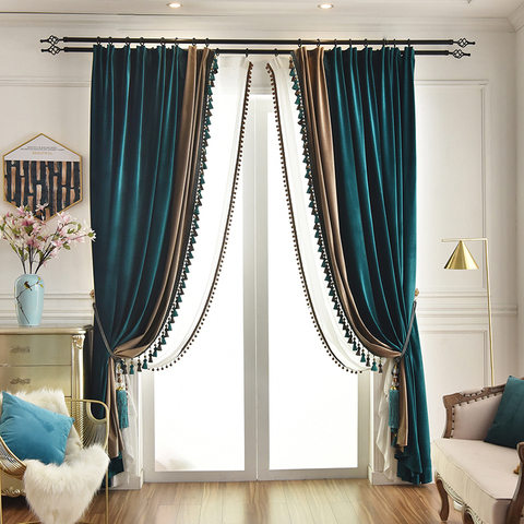 Custom American Light Luxury Style Peacock Green Blue Light Brown Curtains for Bedroom Velvet Blackout Velvet Thickening Curtain ► Photo 1/5