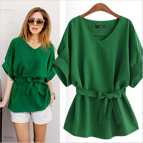 Plus Size Casual Blouses Summer Lady O-Neck Bat Short Sleeve office Shirts 2022 Elegant Solid Loose Female Bow Bandage Women Top ► Photo 1/6