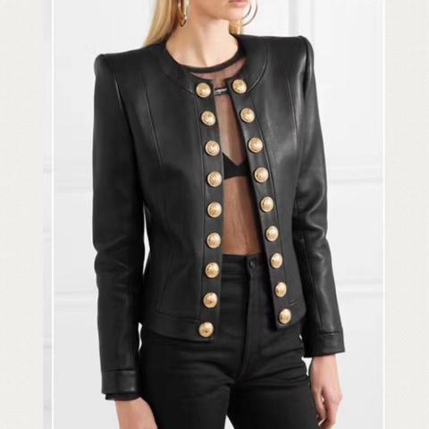 Customized double breasted metal buttons leather jacket female round neck soft real leather coat natural sheep leather tops F919 ► Photo 1/6