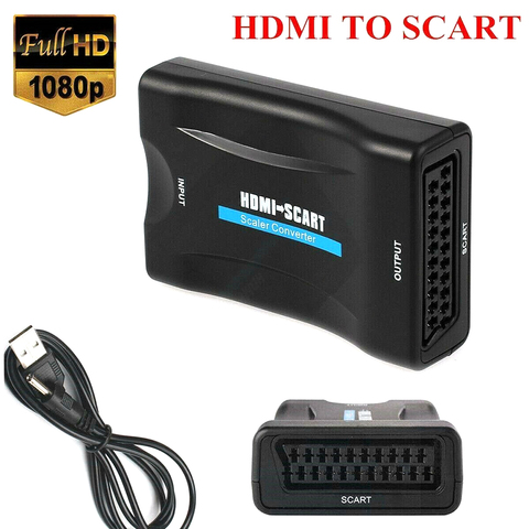 1080P HDMI to SCART Video Audio Upscale Converter AV Signal Adapter HD Receiver with USB Cable for Smartphone HD TV DVD ► Photo 1/6