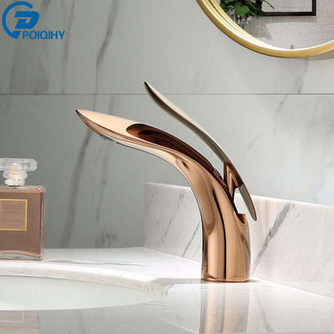 POIQIHY Luxury Basin Faucets Rose Gold Bathroom Faucet Waterfall Single Hole Cold and Hot Water Tap Basin Faucet Mixer Taps ► Photo 1/6