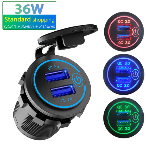 12V/24V 36W QC 3.0 2 USB Charger Socket Touch Switch Waterproof Universal Car Truck Charging Socker For Phone Tablet Camera GPS ► Photo 1/6
